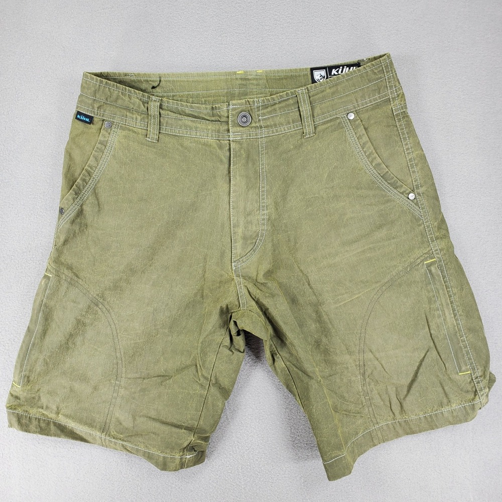 KUHL Cargo Shorts Men 32 Green Vintage Patina Dye Hiking Outdoor Utility